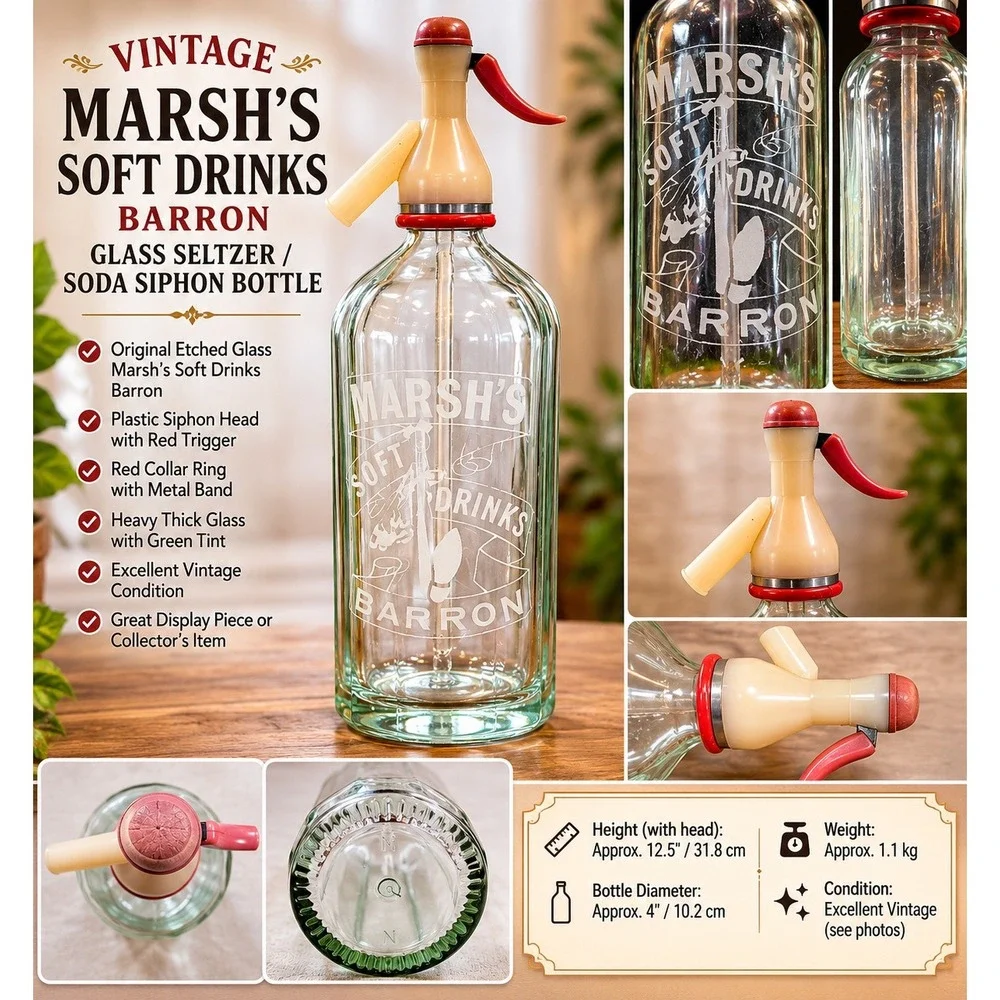 Vintage Marsh's Soft Drinks Barrow Etched Glass Seltzer Bottle Soda Siphon